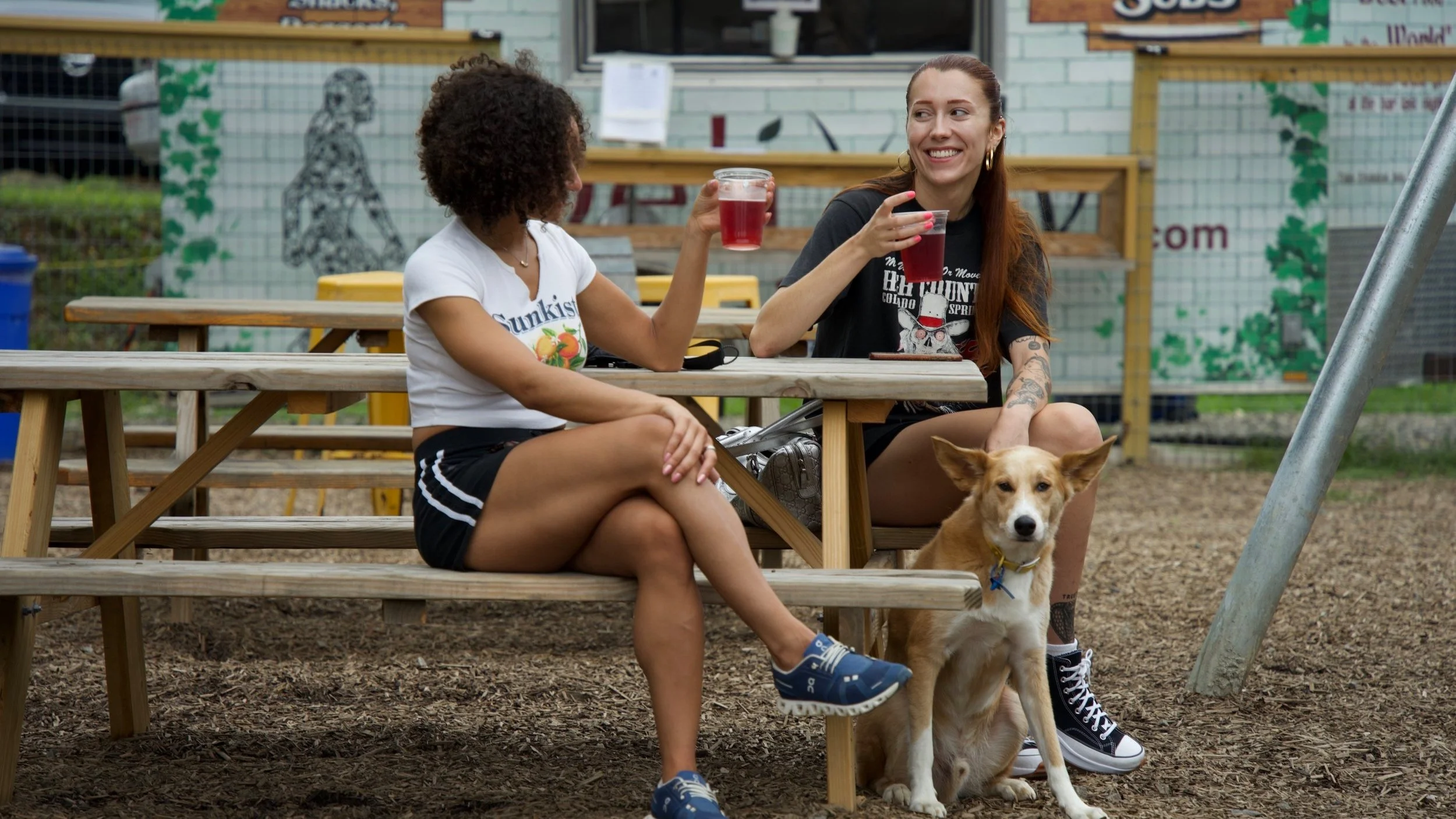 Two women toast with red drinks at a picnic table beside a tan dog on wood-chip ground