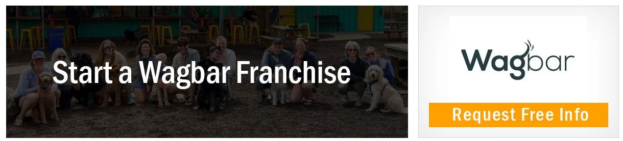 Start a Wagbar Franchise banner over photo of people and dogs at bar